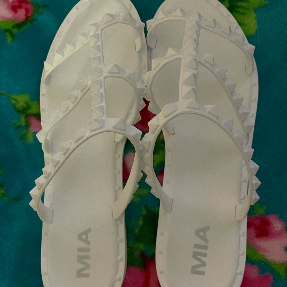 MIA White Studded Triple-Strap Sandals